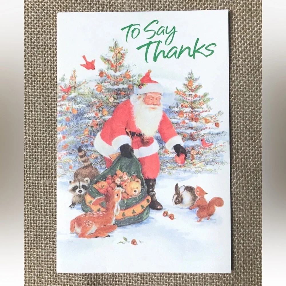 Vintage Christmas Thank You Card Santa Claus Forest Animals Cute Twee Sweet